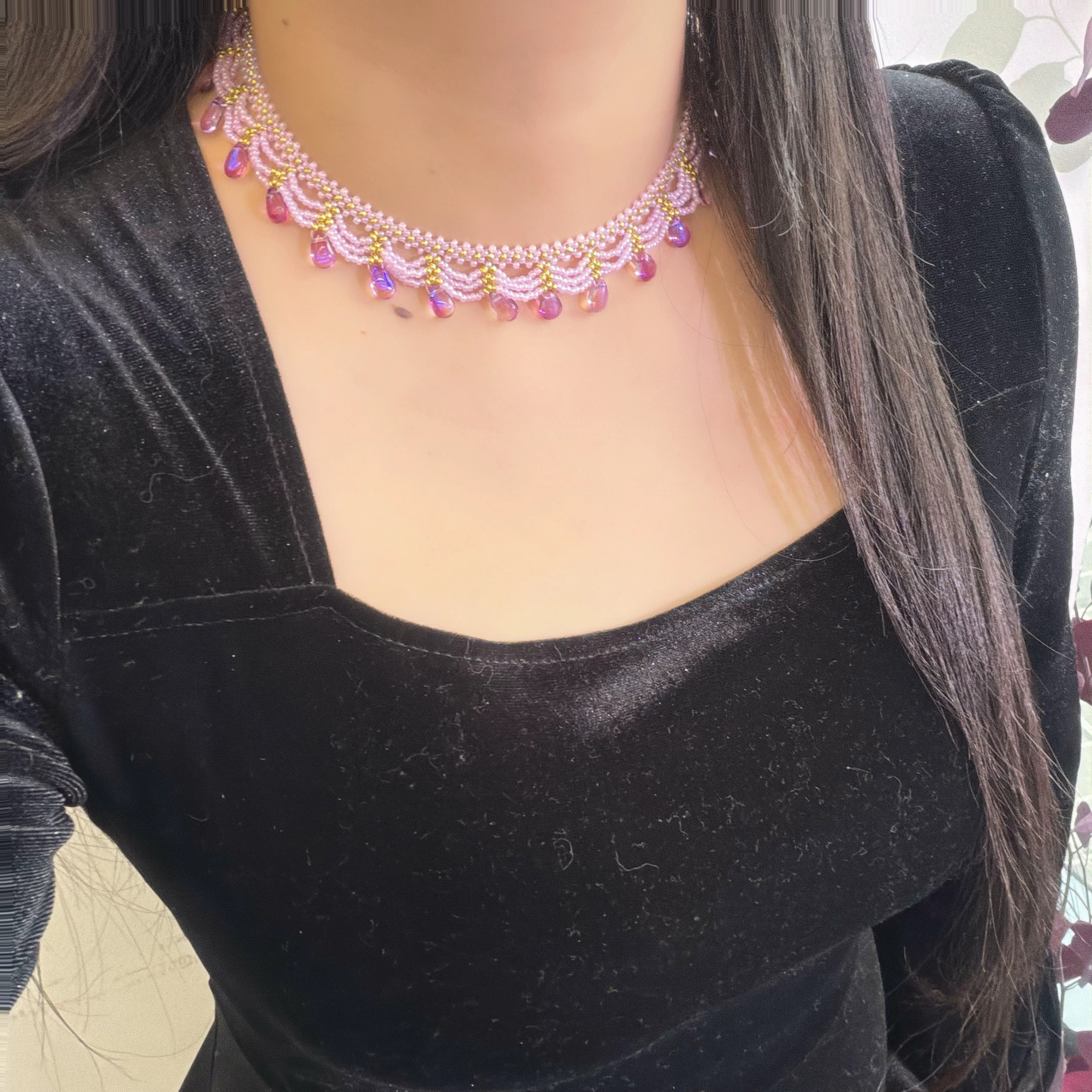 Handwoven Purple Crystal Beaded Lace Vintage Statement Necklace