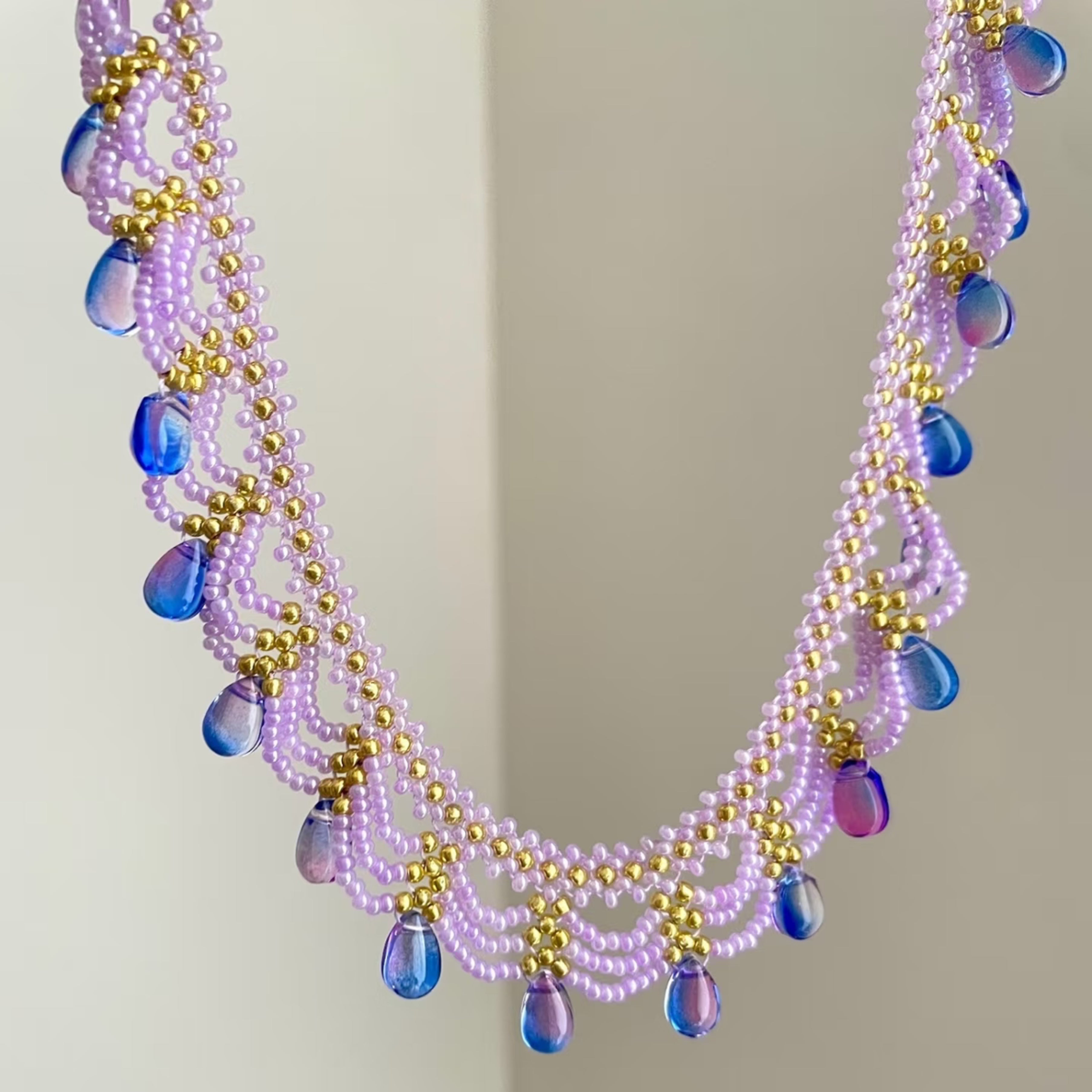 Handwoven Purple Crystal Beaded Lace Vintage Statement Necklace