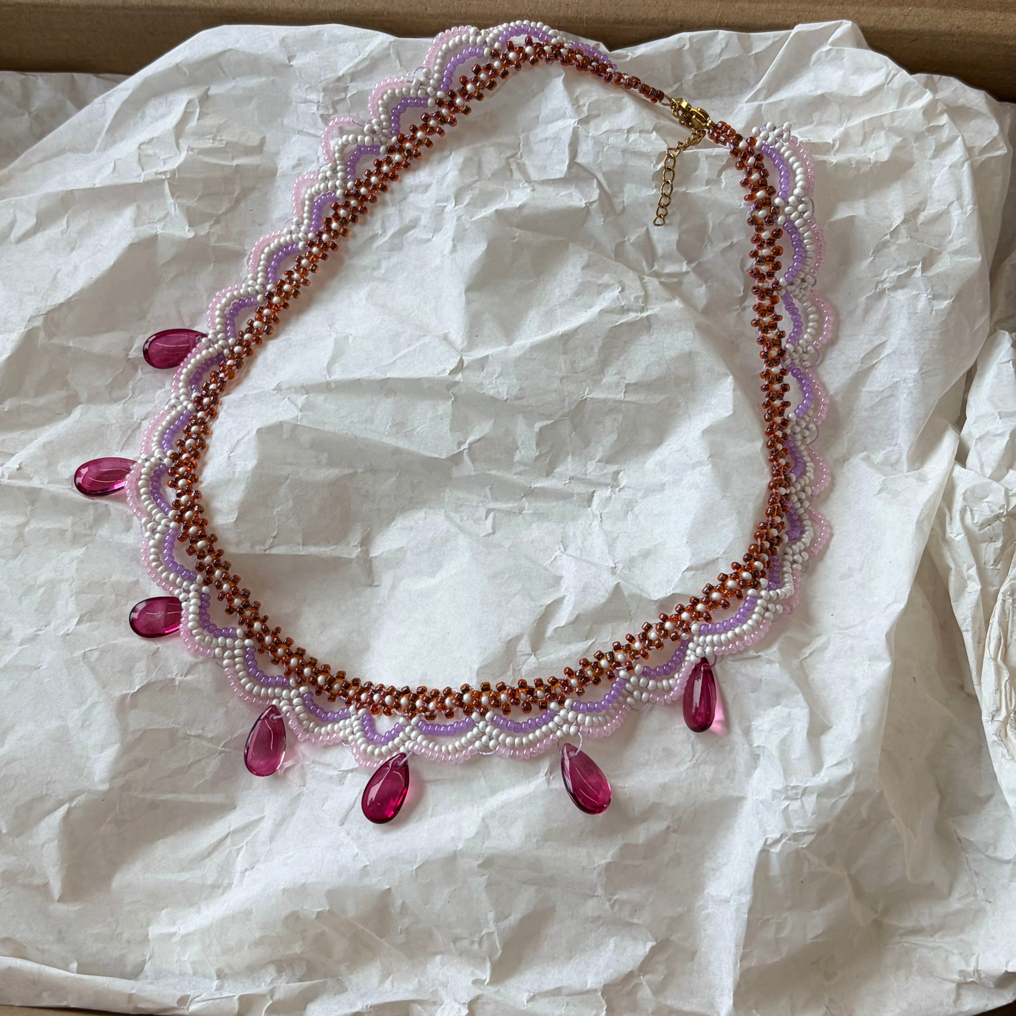 Handwoven Pink Purple Crystal Drop Beaded Lace Necklace