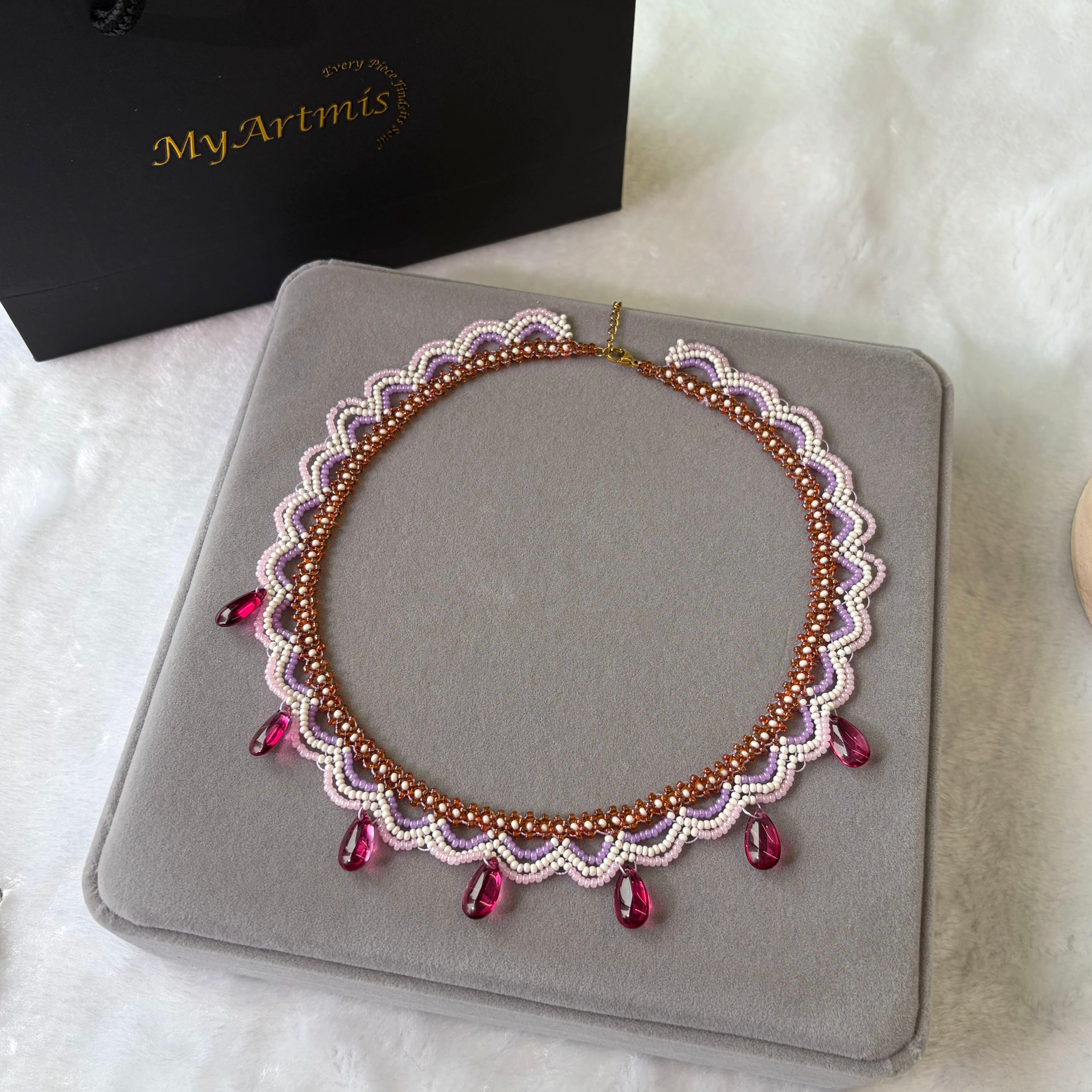 Handwoven Pink Purple Crystal Drop Beaded Lace Necklace