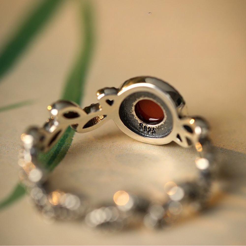 White Jade Red Agate Silver Healing Ring