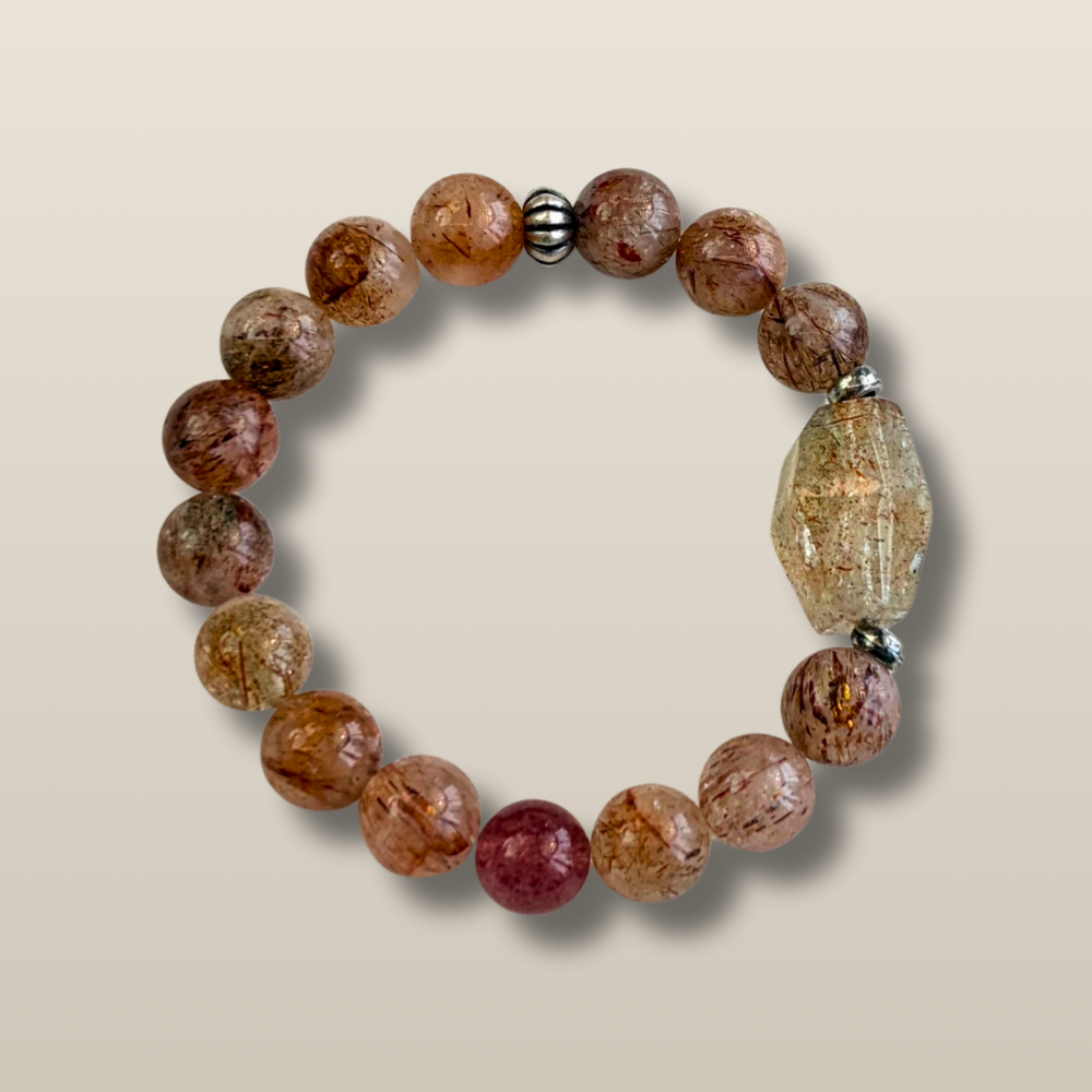 Golden Rutilated Quartz Silver Abundance Confidence Energy Crystal Bracelet