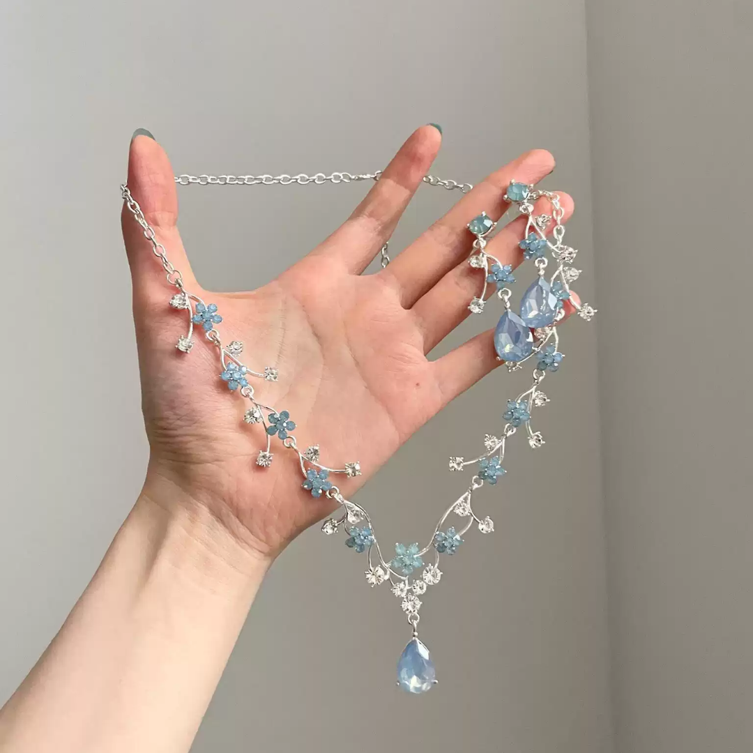 Blue Floral Crystal Statement Teardrop Pendant Necklace