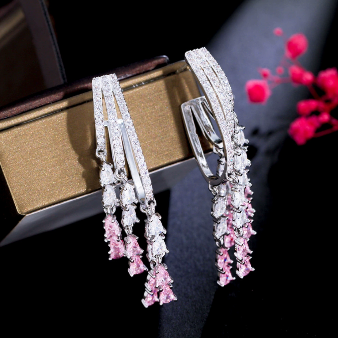 Luxury Pink Zircon Tassel Drop Lab Crystal Statement Earrings
