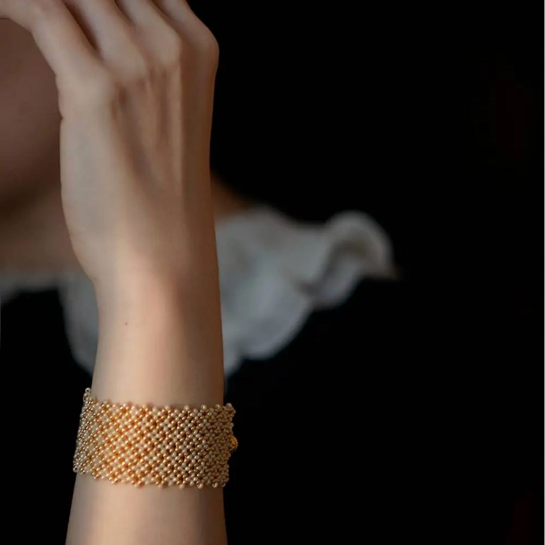 Handwoven Champagne Gold Beaded Lace Pearl Bracelet / Necklace / Ring