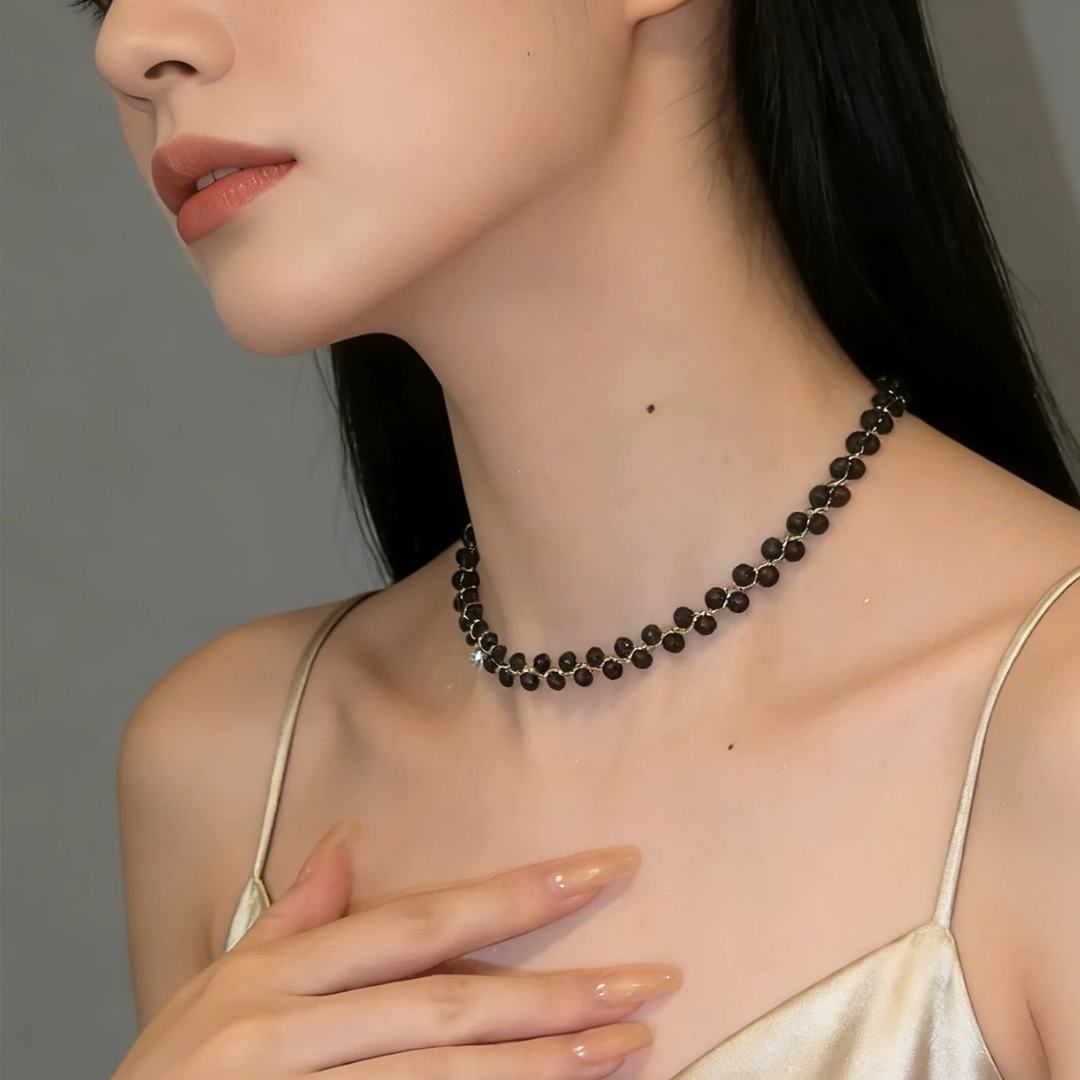 Black Obsidian Beaded Choker Minimalist Collarbone Necklace