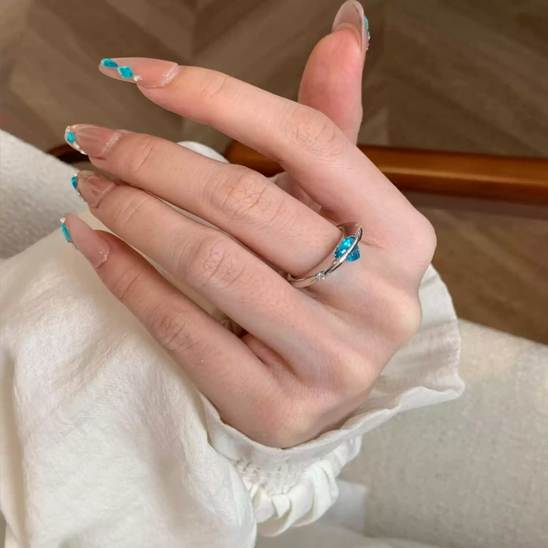 Ocean Blue Heart Zircon Open Adjustable Ring