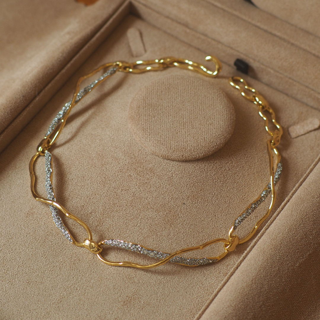 Gold Silver Chain Link Cubic Zirconia Statement Modern Necklace