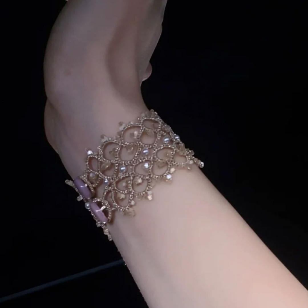 Handwoven Moonstone Lace Vintage French Beaded Bracelet