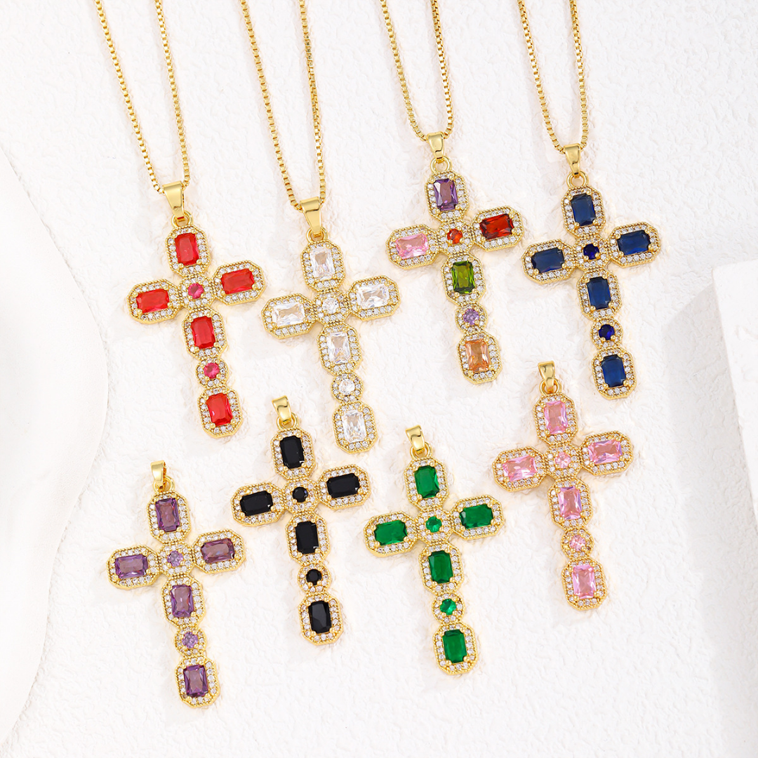 Micro Pave Multicolor Zirconia Cross Pendant Necklace