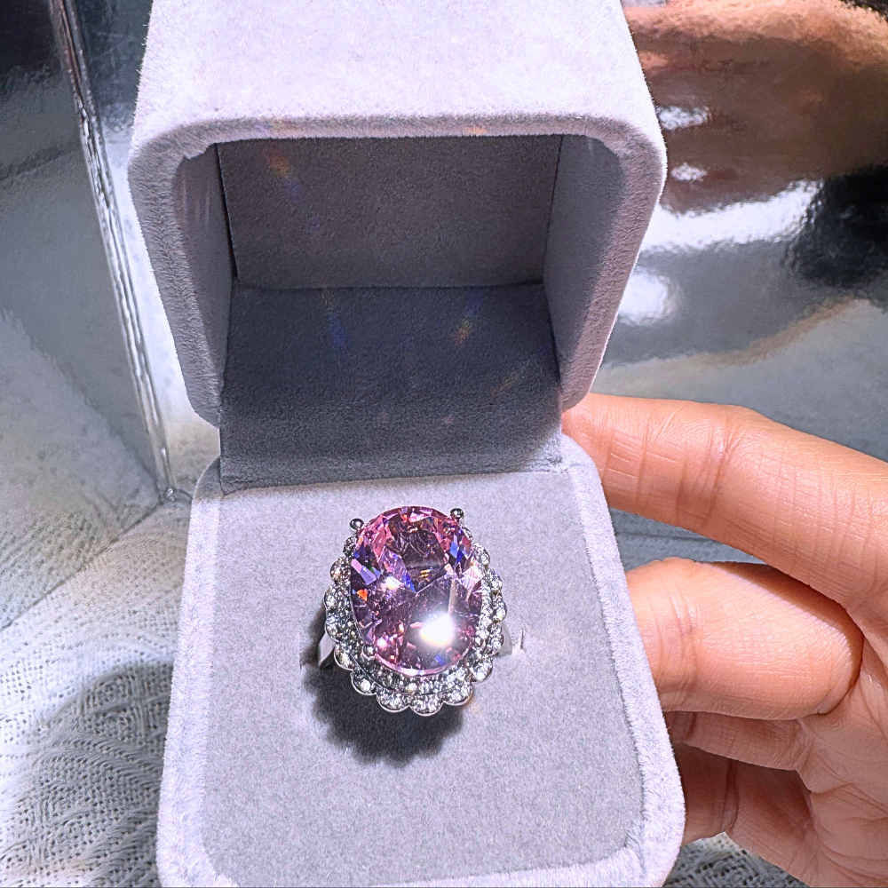 Pink Oval Halo Adjustable Plated Ring