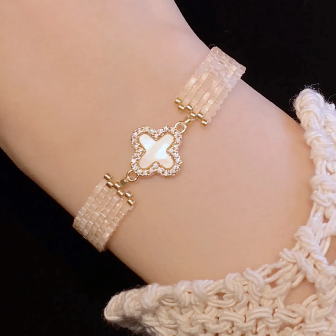 Handwoven Japanese Vintage Beaded Clover Moonlight Bracelet