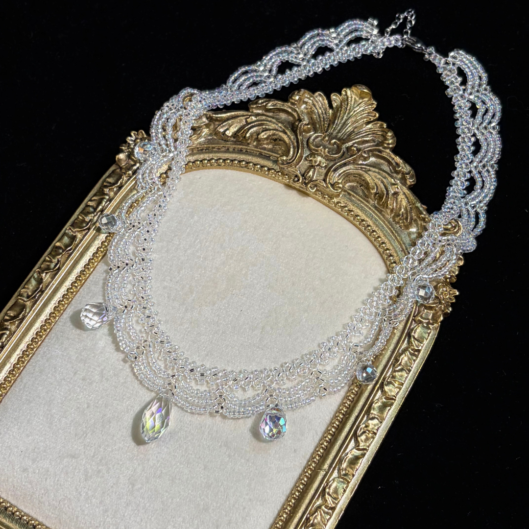 Handwoven Crystal Teardrop Pendant Iridescent Beaded Lace Statement Necklace / Bracelet