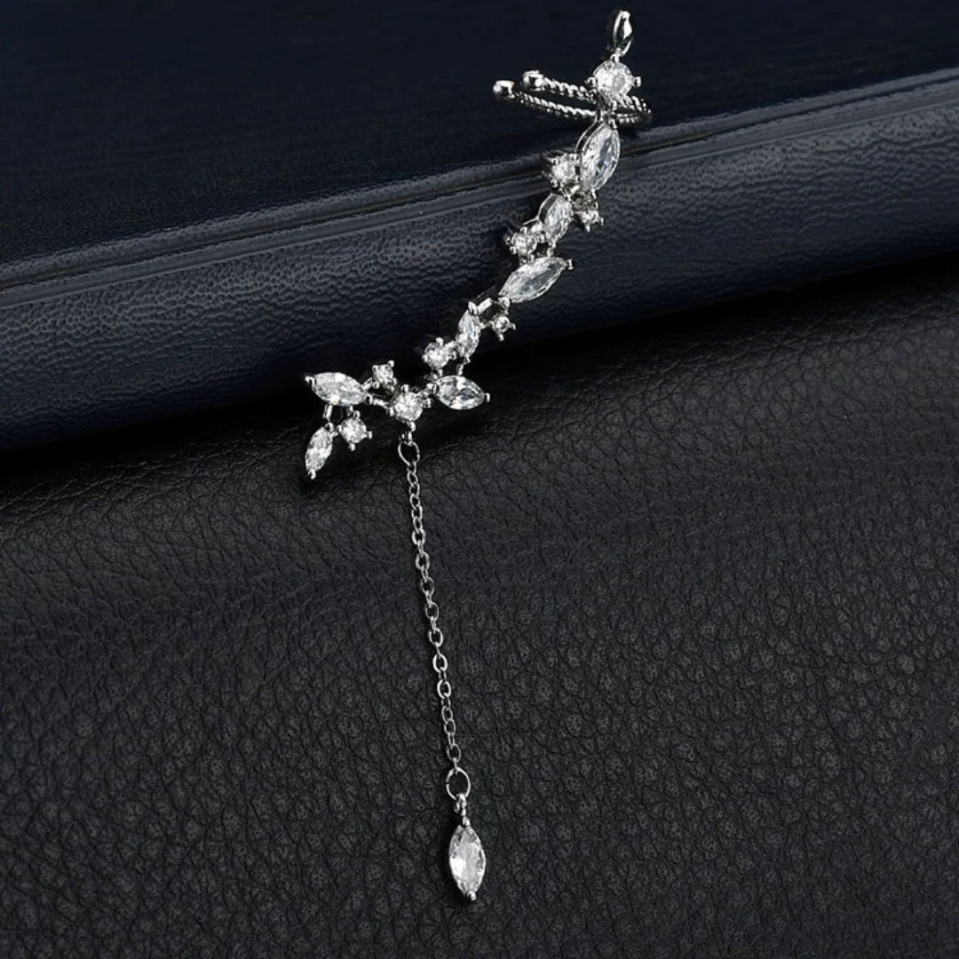 Asymmetrical Zircon Fringe Chain Clip Earrings