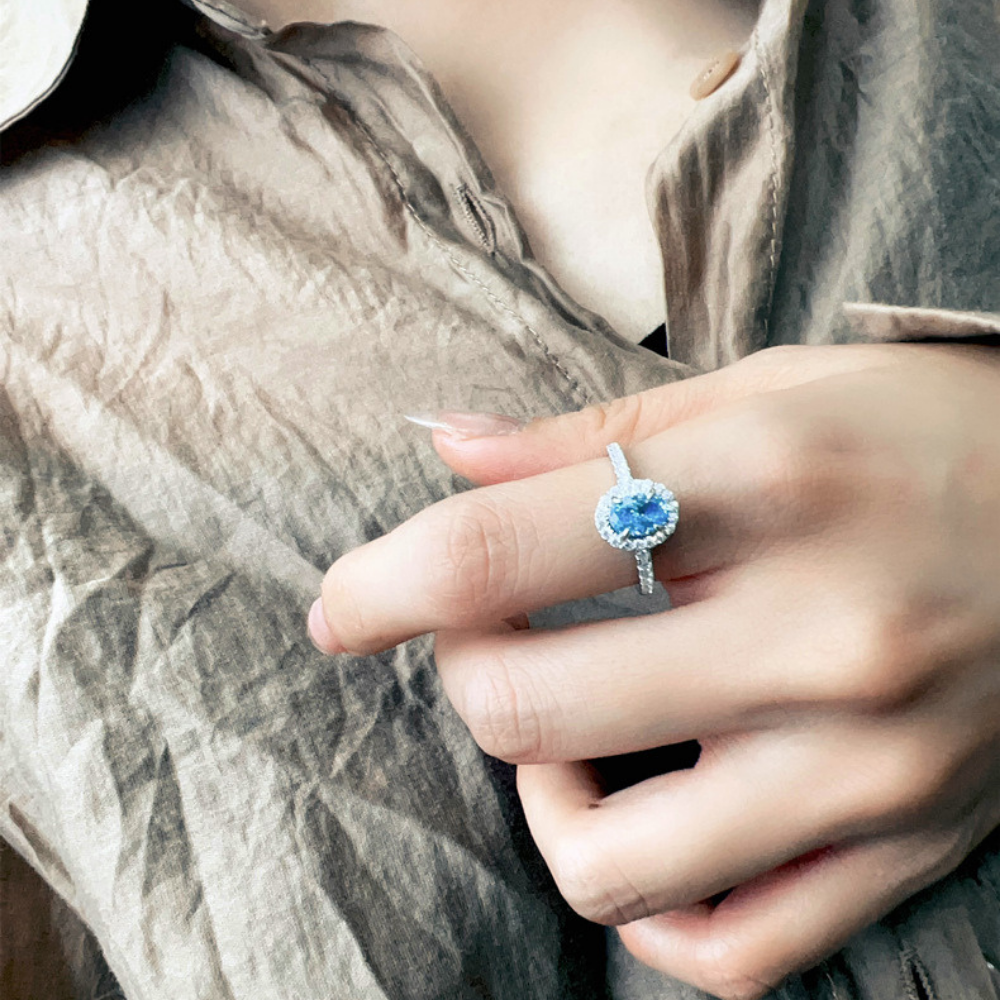 Aquamarine Silver Halo Serenity Healing Ring