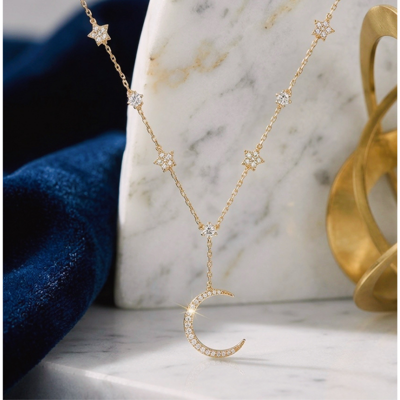 Crescent Moon Star Cubic Zirconia Gold Dainty Necklace