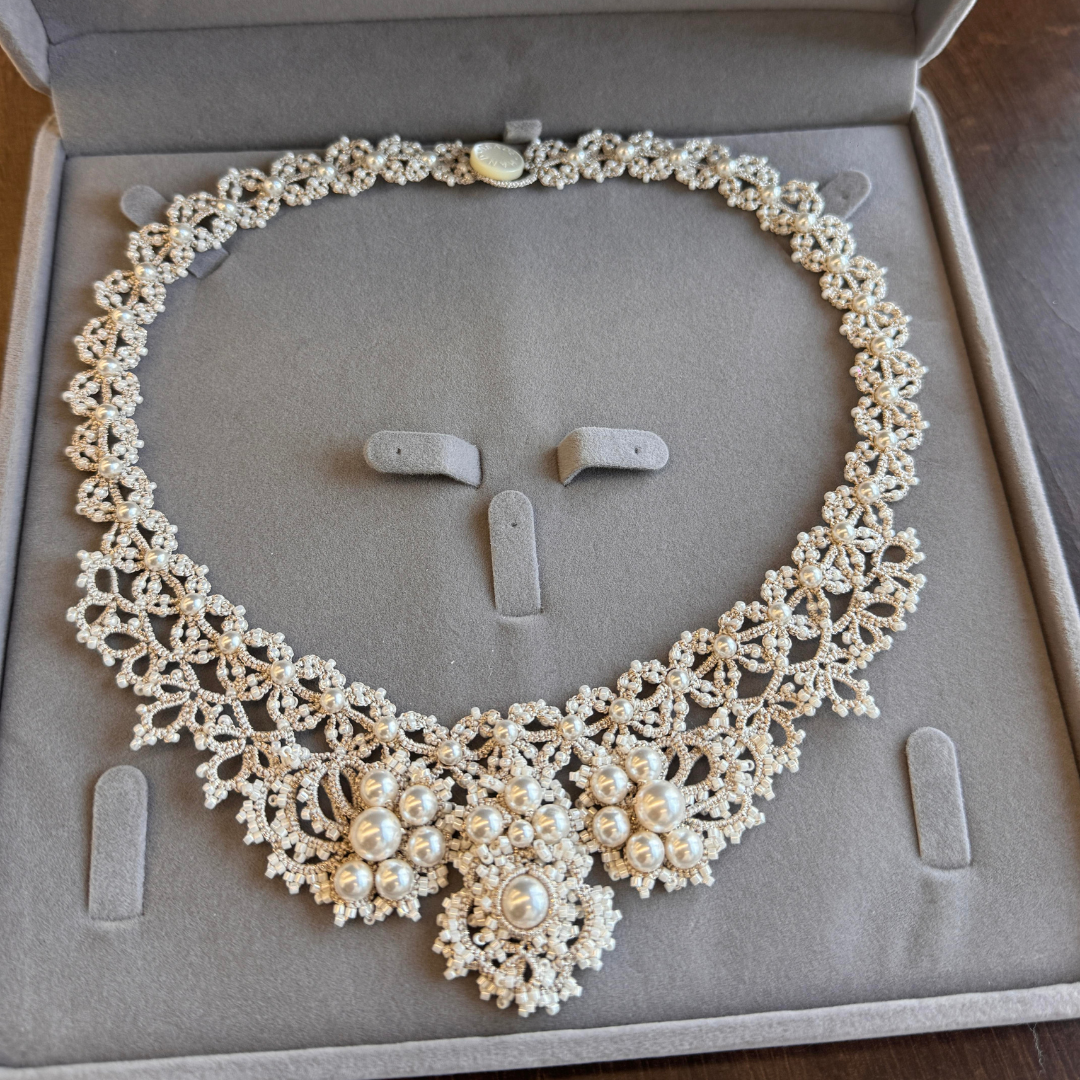 Handwoven Pearl Lace Vintage Bridal Statement Necklace