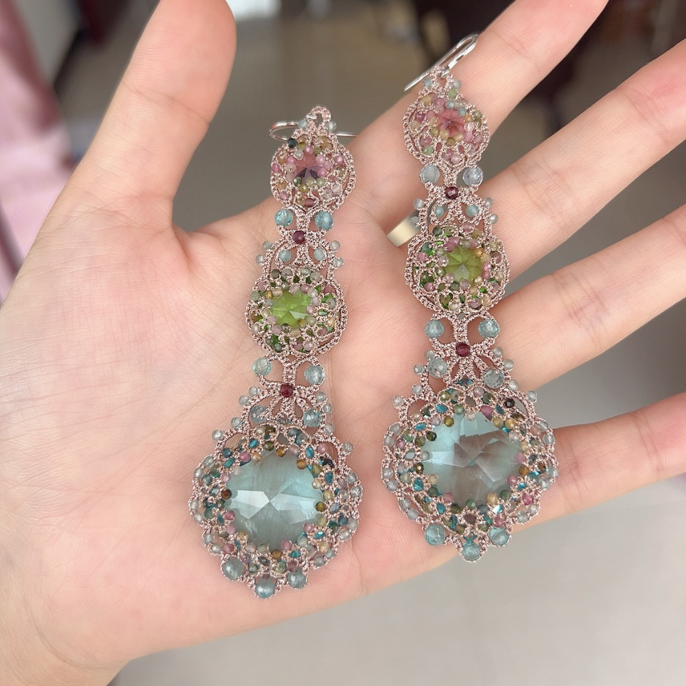 Handwoven Beaded Long Drop Multicolor Crystal Statement Earrings