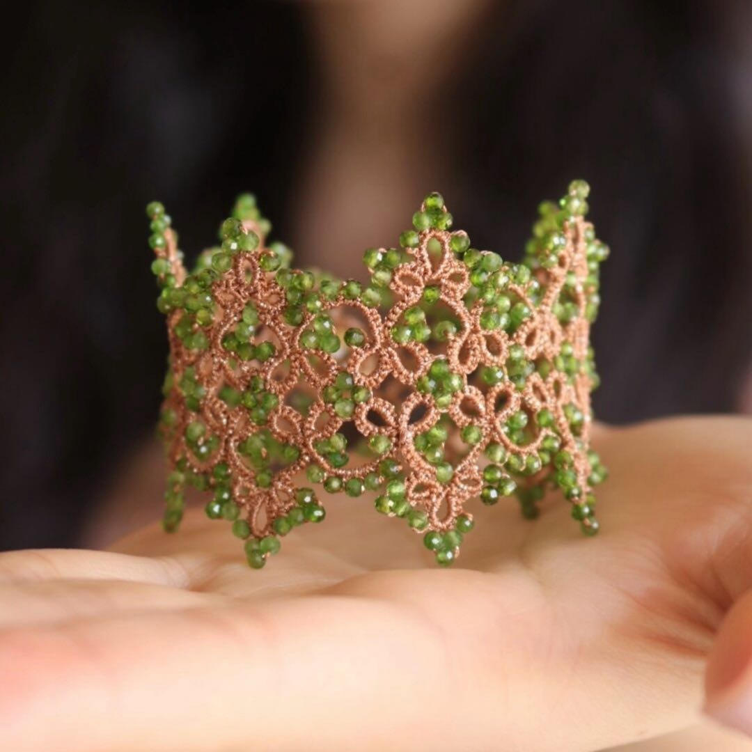 Handwoven Green Bead Tatting Bracelet