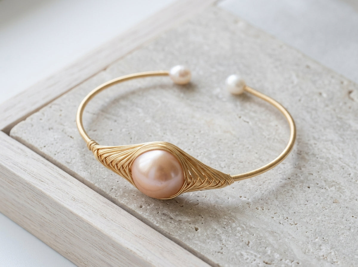 Handmade Wire Wrapped Pearl Bangle, Freshwater Baroque Pearl Silver Cuff Bracelet, Unique Bridal Gift for Her, Adjustable Jewelry
