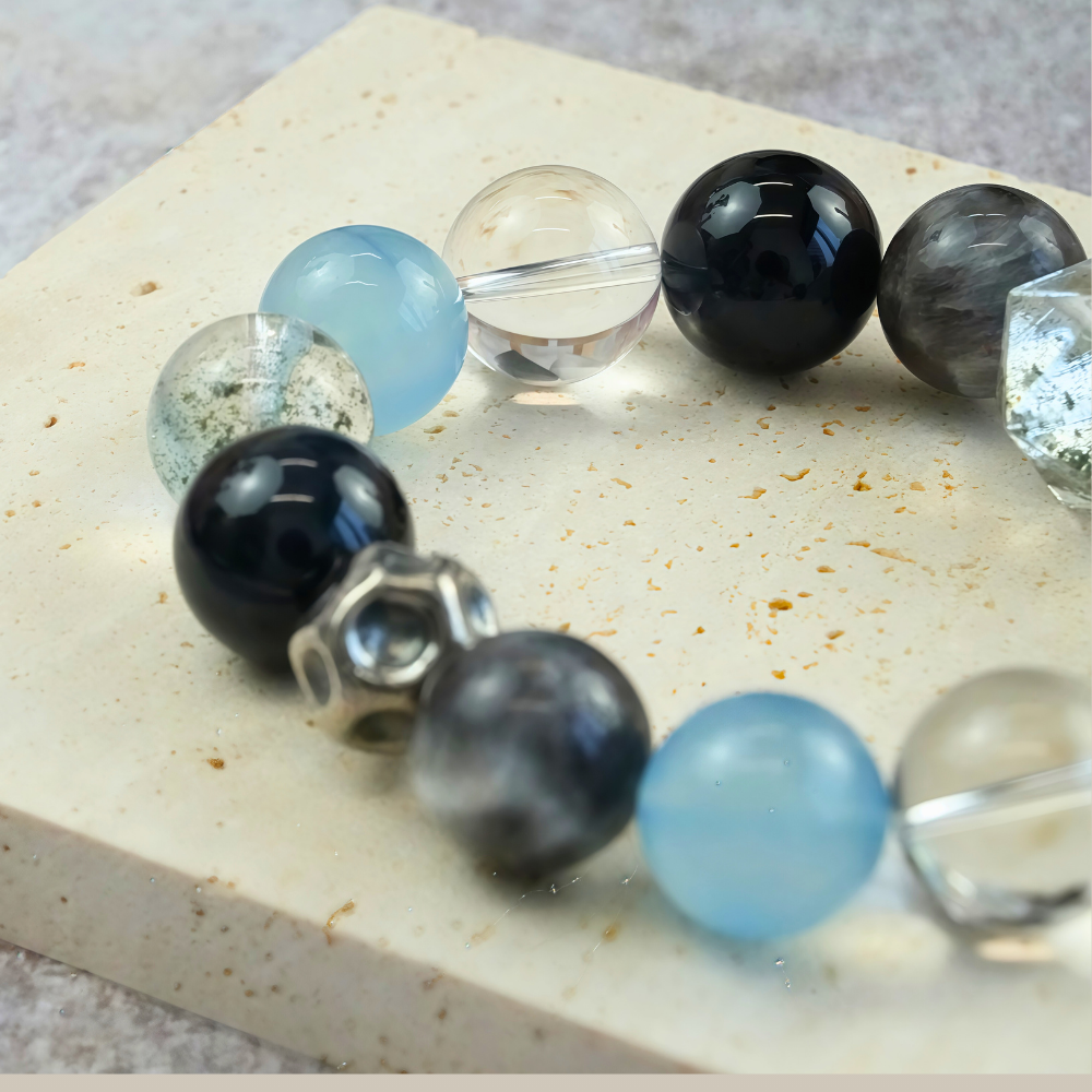 Black Obsidian Aquamarine Clear Quartz Energy Protection Calming Balance Bracelet