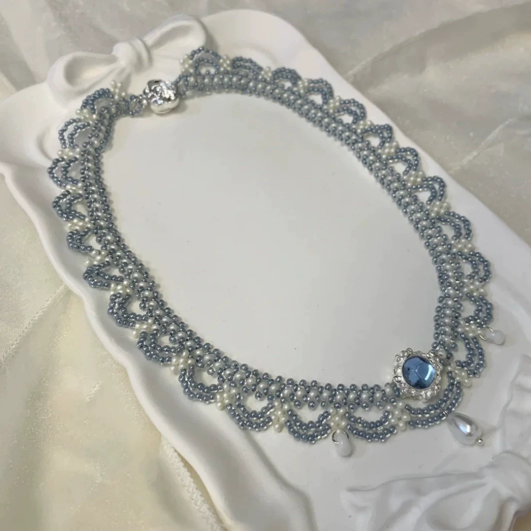 Handwoven French Pearl Lace Multi Layer Beaded Statement Necklace