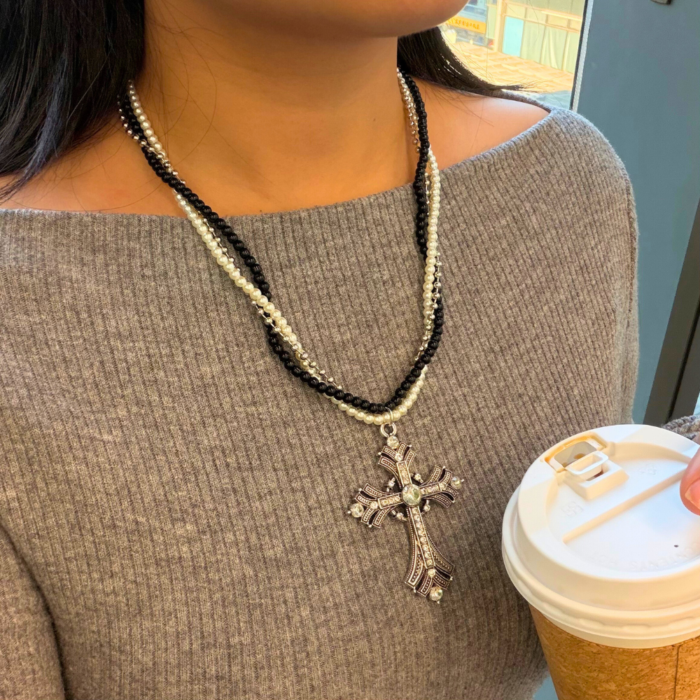 Pearl Radiance Cross Layered Chic Necklace