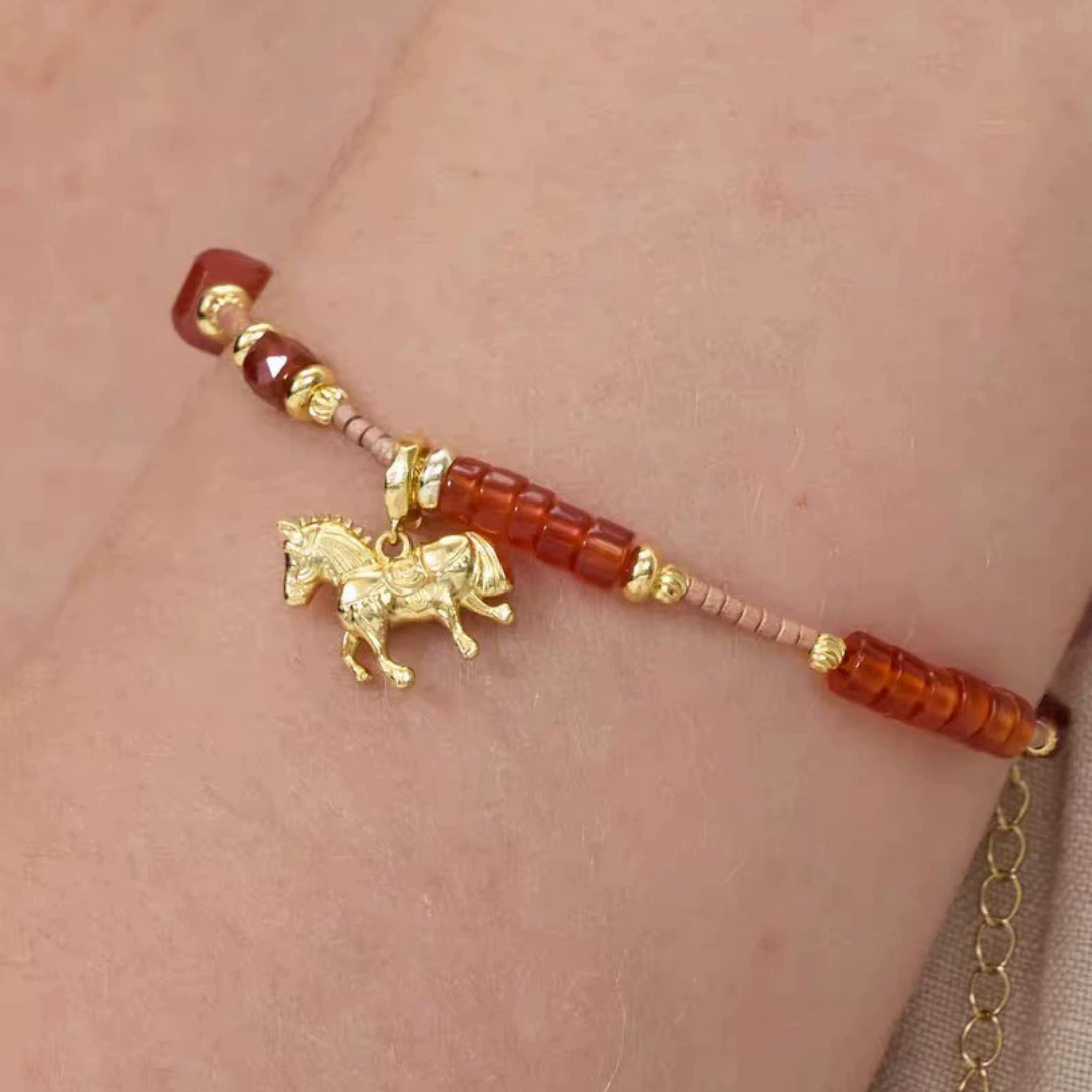 Red Agate Horse Charm Necklace Gold Beaded Pendant Necklace / Bracelet