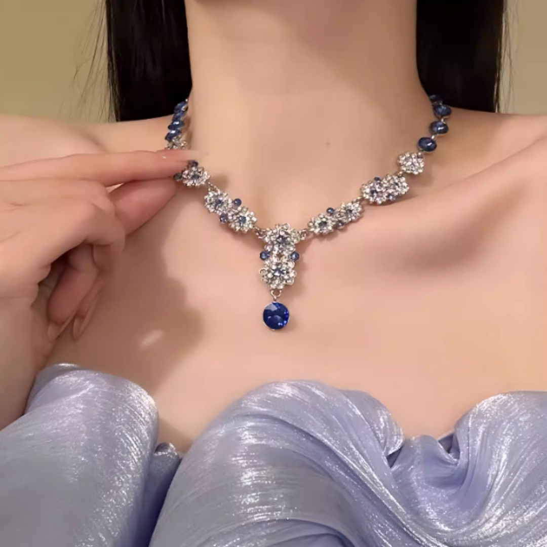 Blue Gemstone Teardrop Statement Pendant Necklace