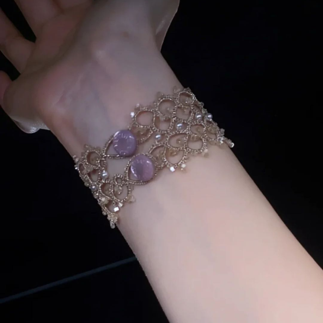 Handwoven Moonstone Lace Vintage French Beaded Bracelet