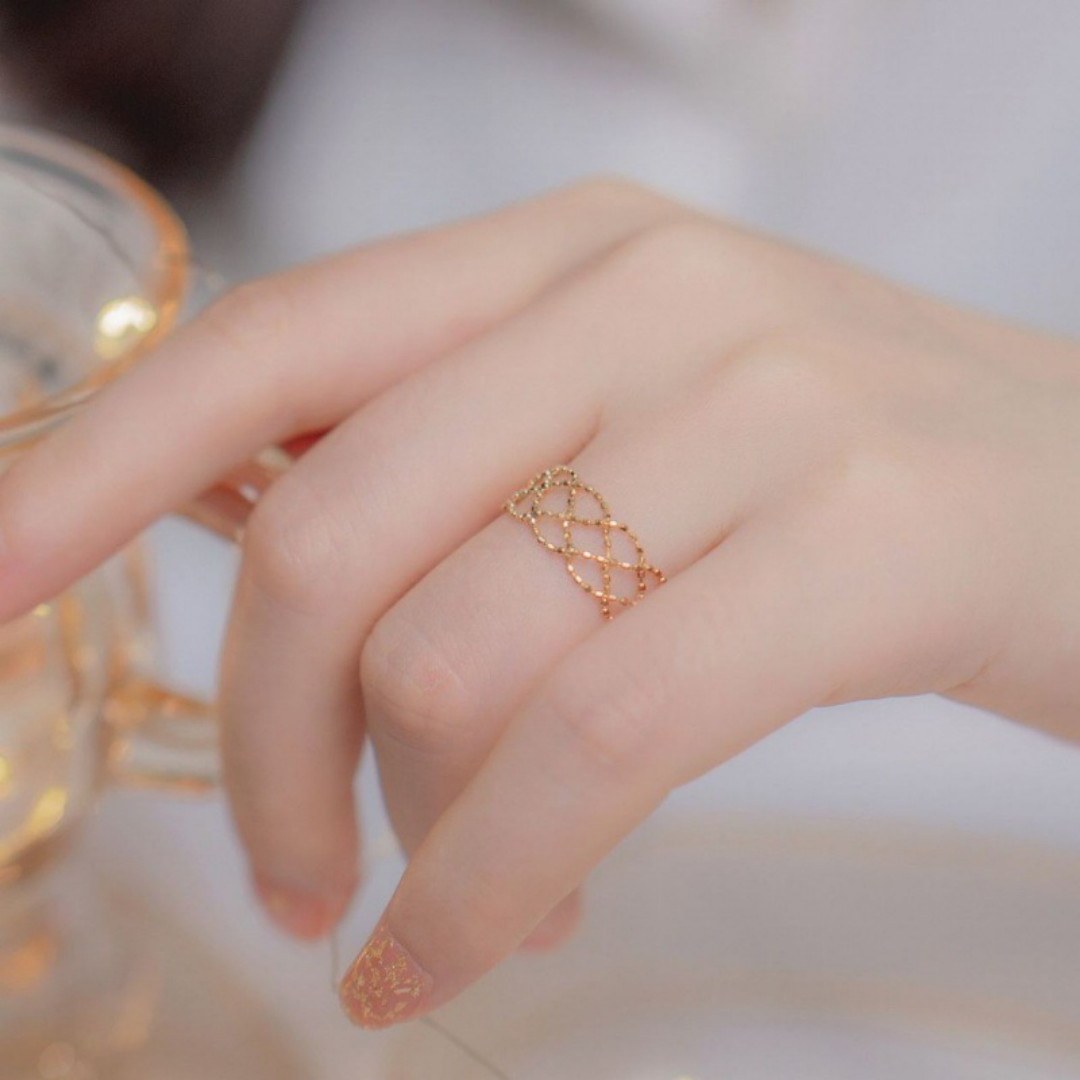 Gold Beaded Mesh Adjustable Minimalist Bracelet Ring Set
