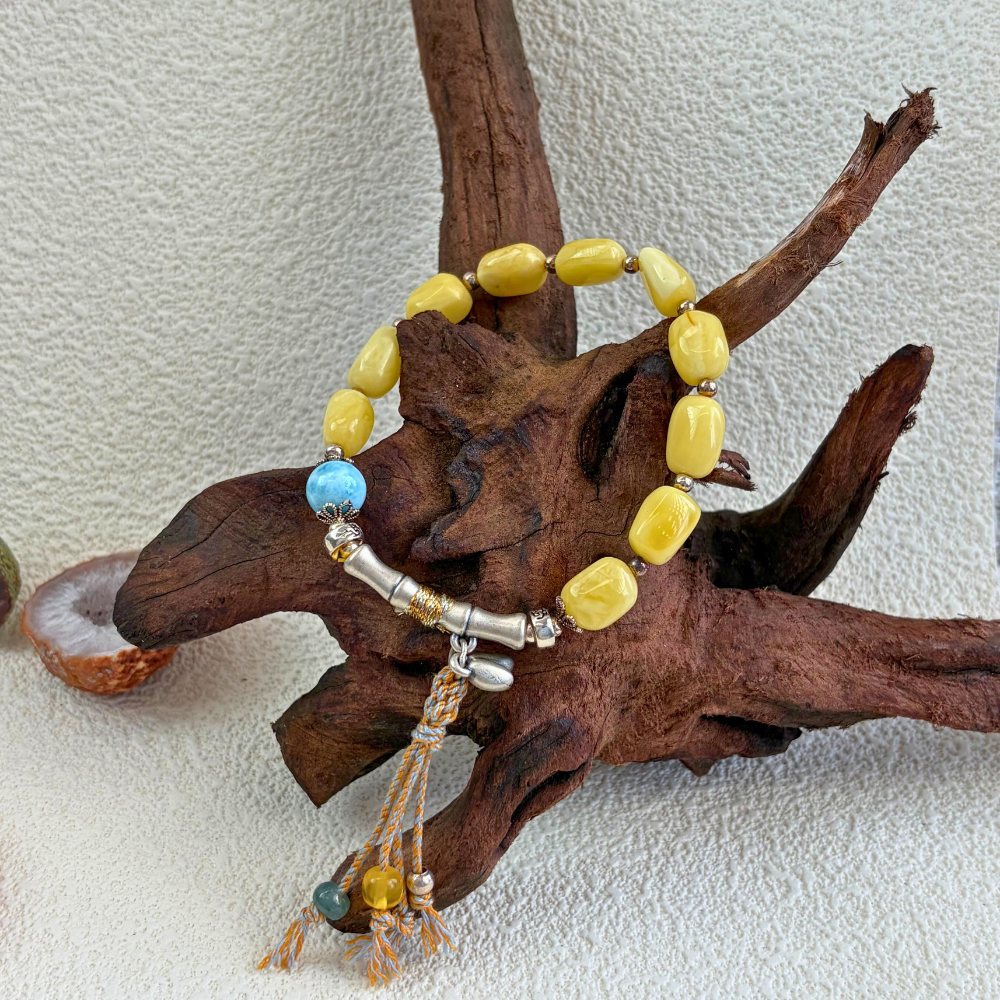 Honey Amber Larimar Silver Radiance Harmony Bracelet