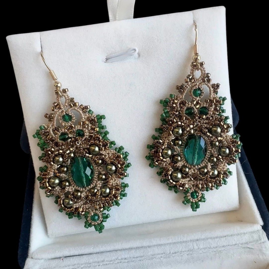 Handwoven Pearl Crystal Drop Vintage Lace Statement Earrings