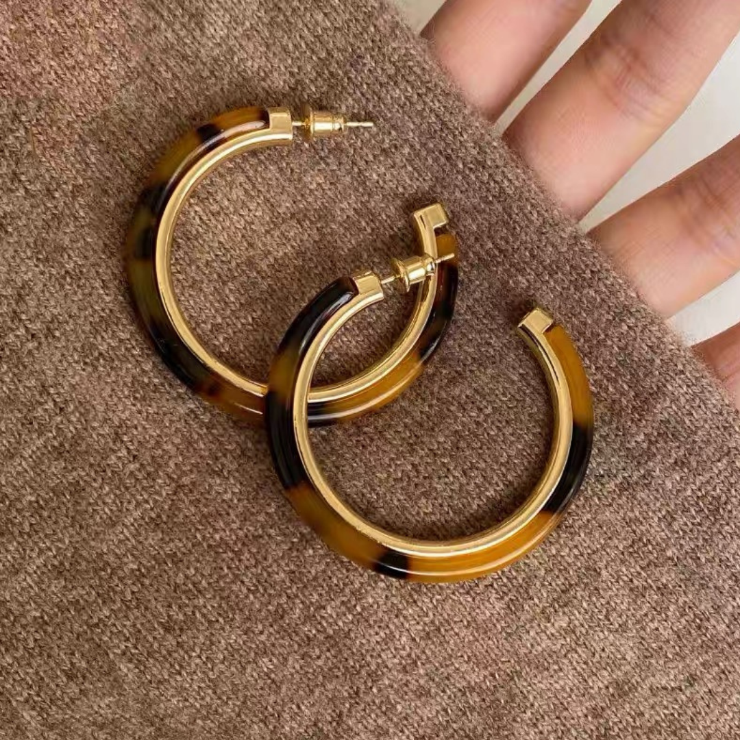 Vintage Tortoiseshell C-Shaped Hoop Statement Earrings
