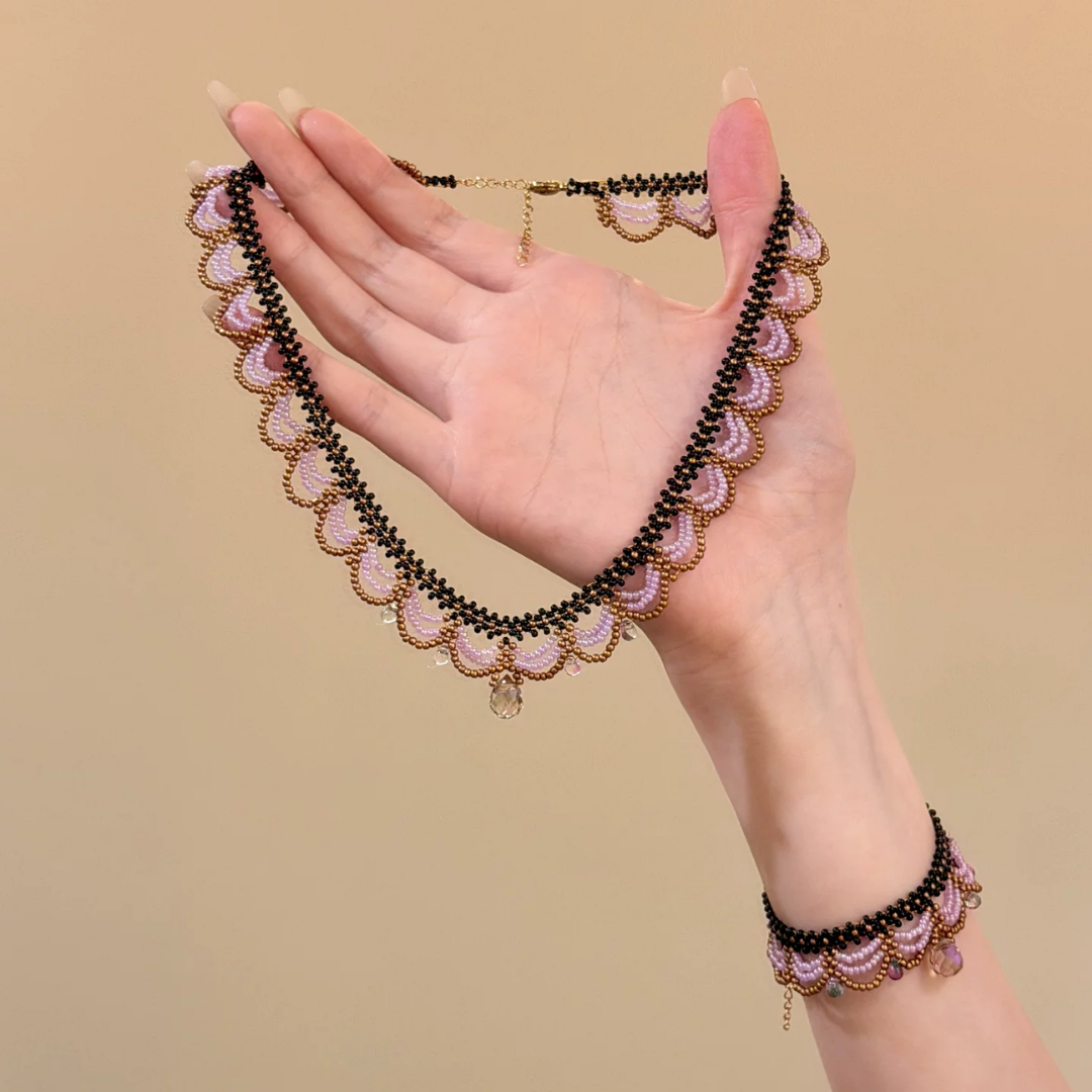 Handwoven French Beaded Lace Choker Vintage Layered Necklace / Bracelet