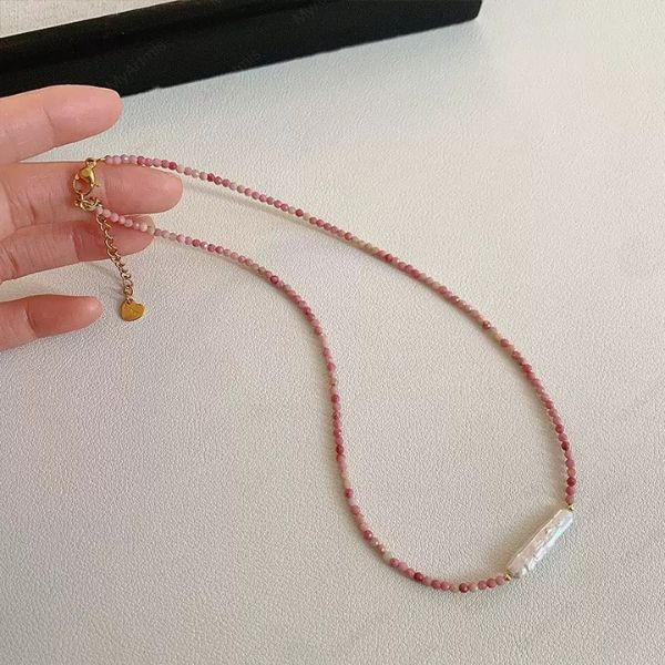 Elegant Natural Pink Stone Beaded Necklace, Baroque Pearl Charm Choker,
