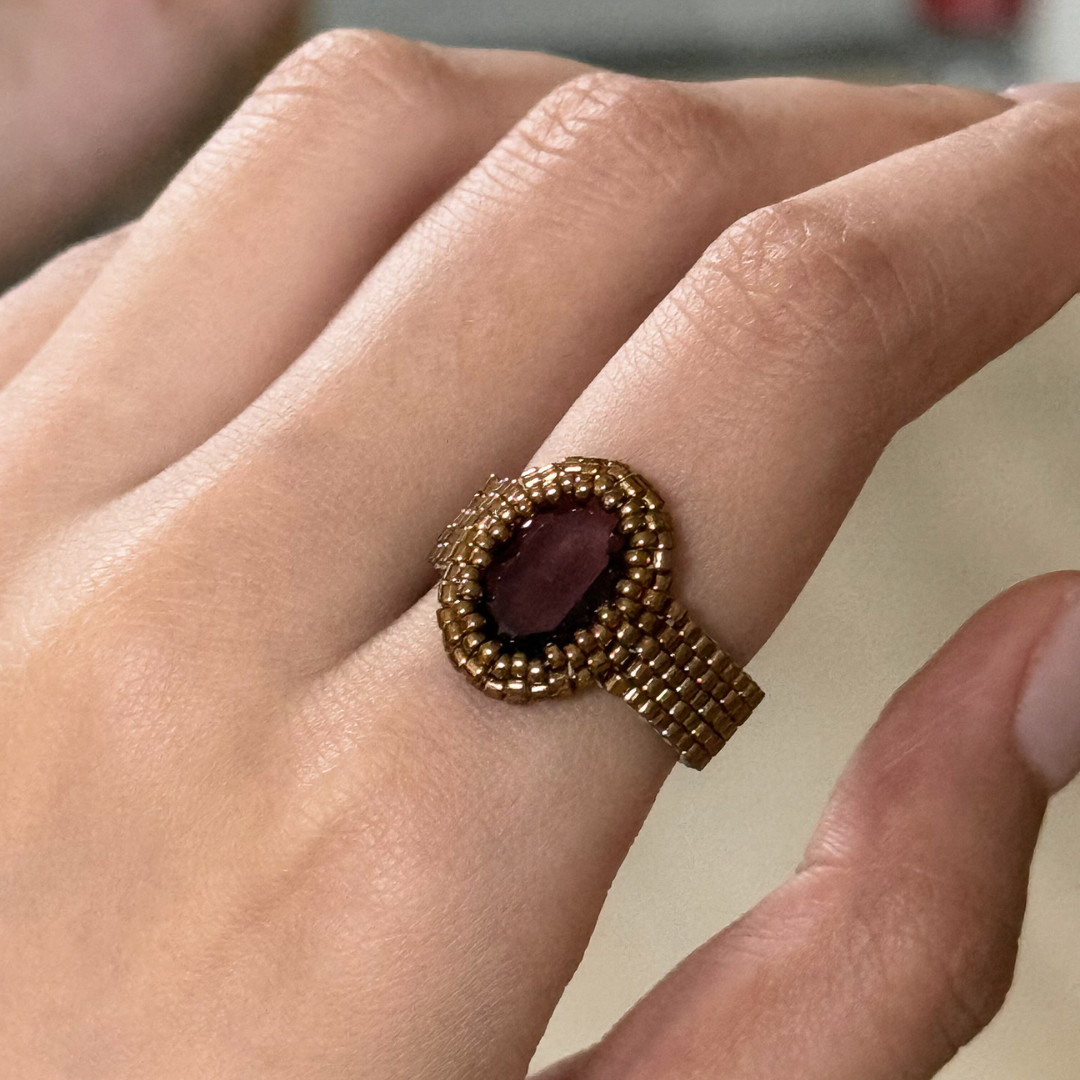 Handwoven Beaded Red Crystal Statement Ring Vintage Adjustable Ring