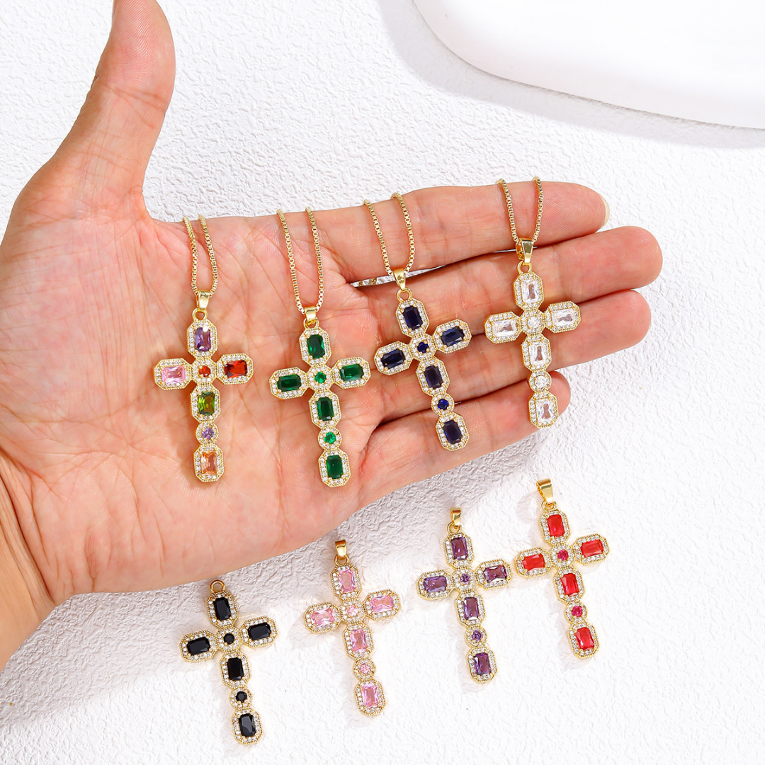 Micro Pave Multicolor Zirconia Cross Pendant Necklace