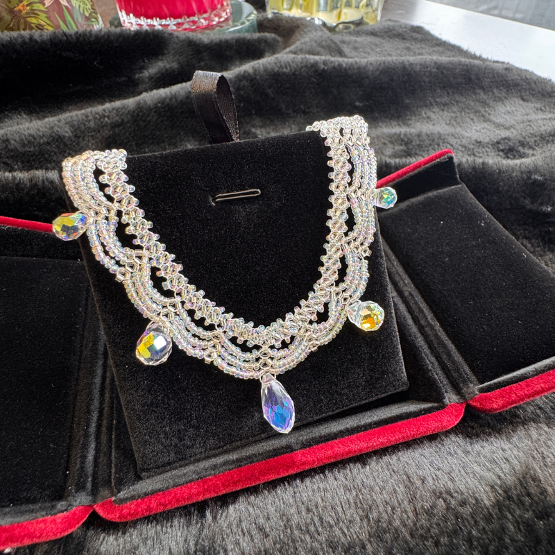 Handwoven Crystal Teardrop Pendant Iridescent Beaded Lace Statement Necklace / Bracelet