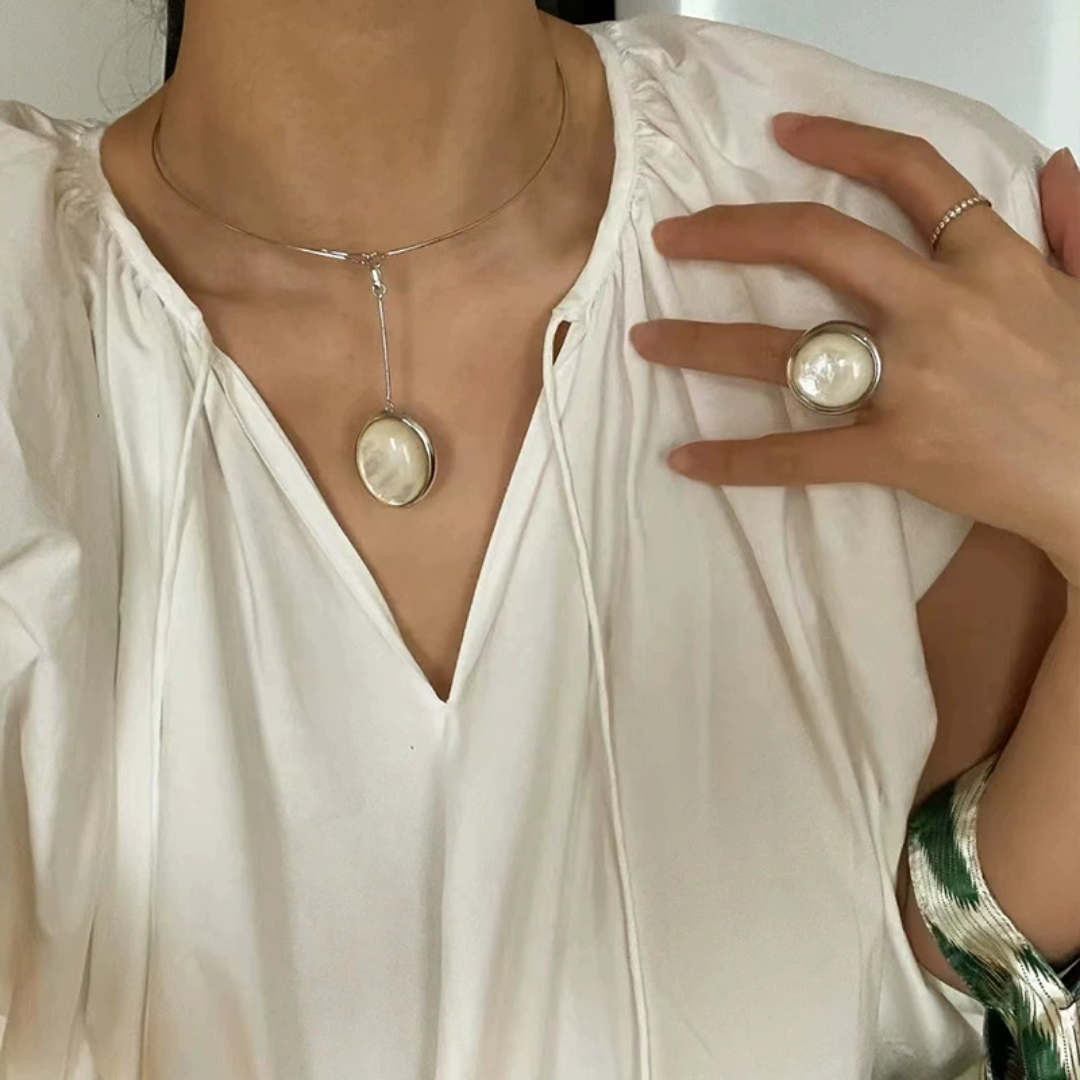 White Mother of Pearl Oval Choker Minimalist Pendant Necklace / Ring