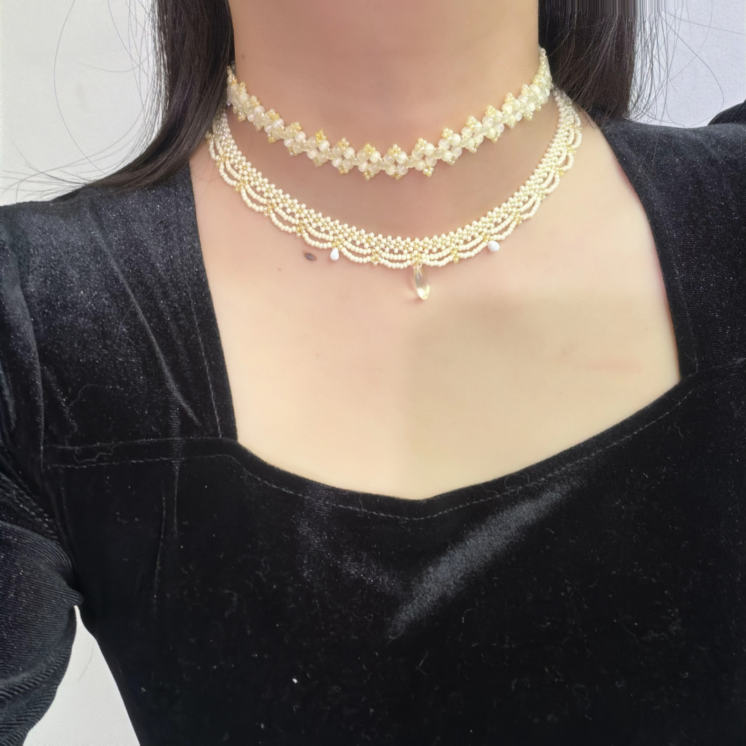 Handwoven Beaded Lace Pale Yellow Vintage French Style Necklace