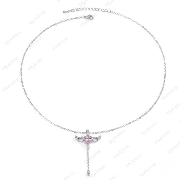 Sparkling Pink CZ Heart Angel Wings Necklace for Women, Y2K Coquette Aesthetic Tassel Pendant Jewelry Gift