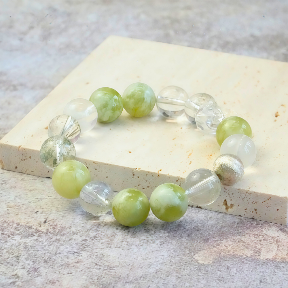 Green Jade Moss Agate Clear Quartz Harmony Healing Balance Prosperity Bracelet