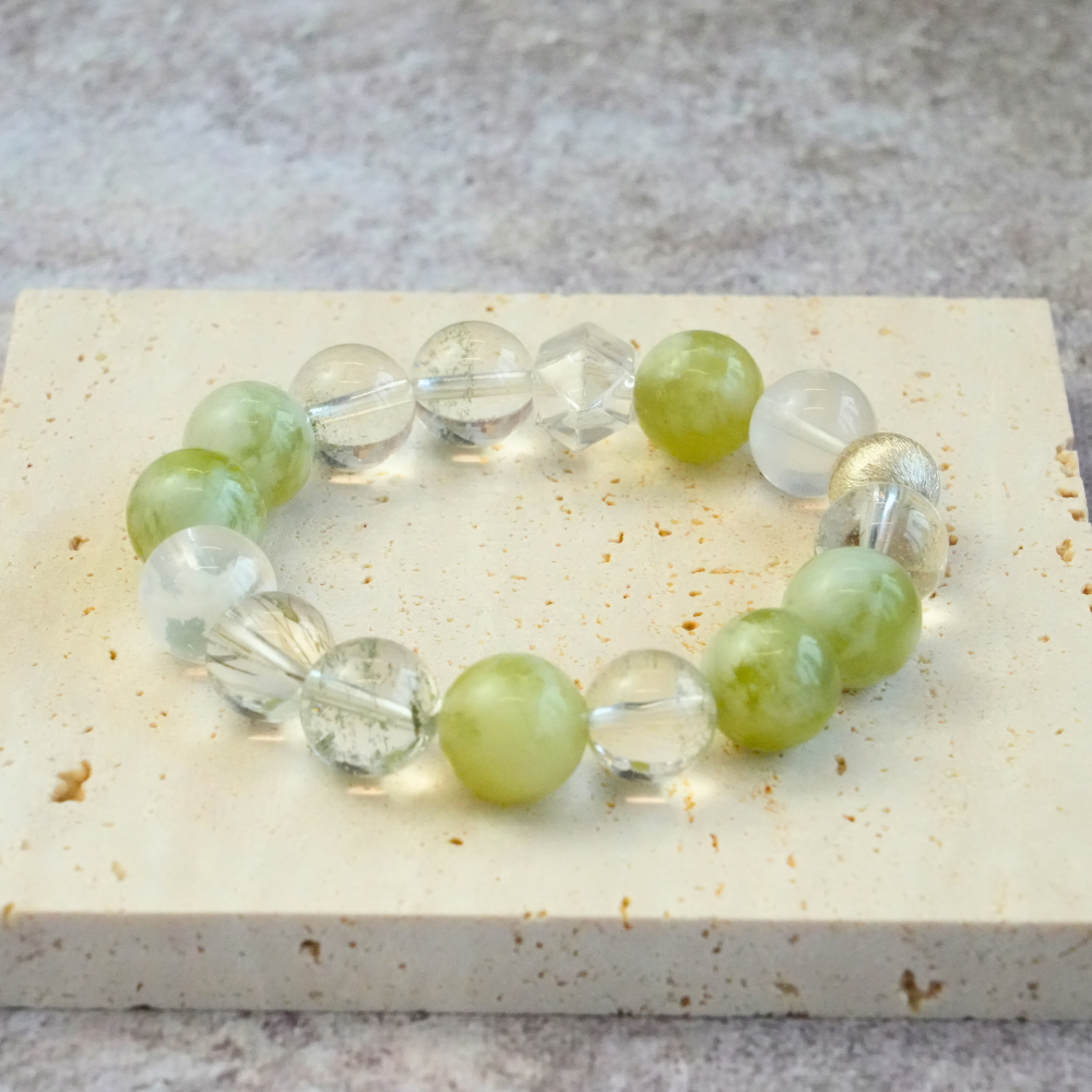 Green Jade Moss Agate Clear Quartz Harmony Healing Balance Prosperity Bracelet