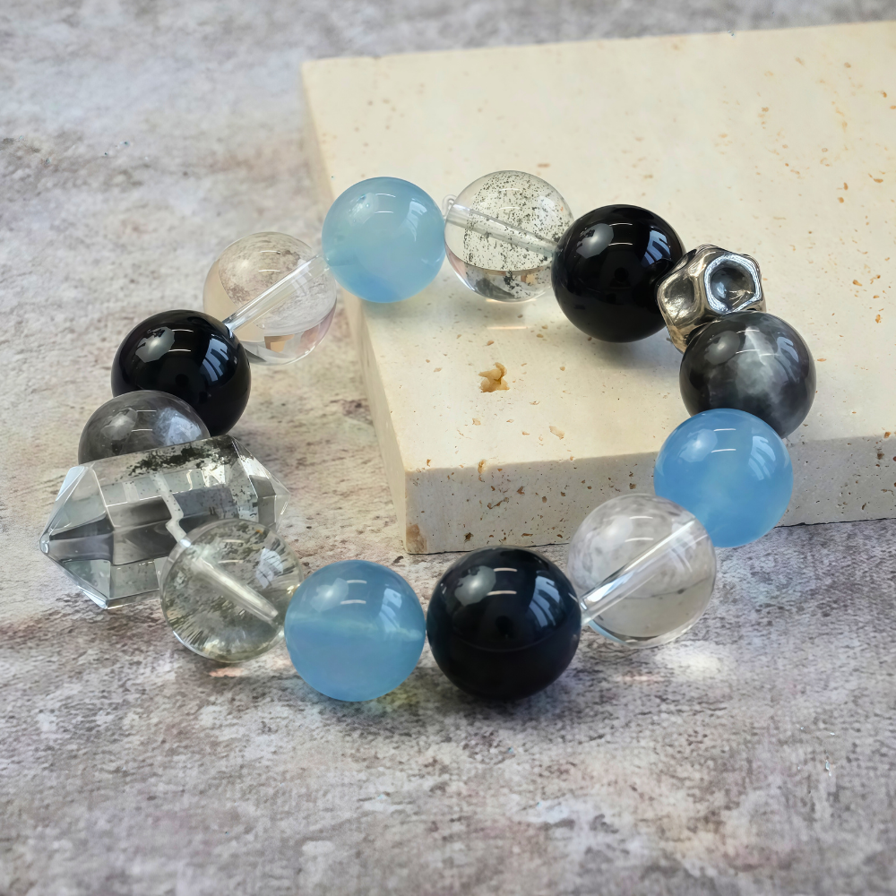 Black Obsidian Aquamarine Clear Quartz Energy Protection Calming Balance Bracelet
