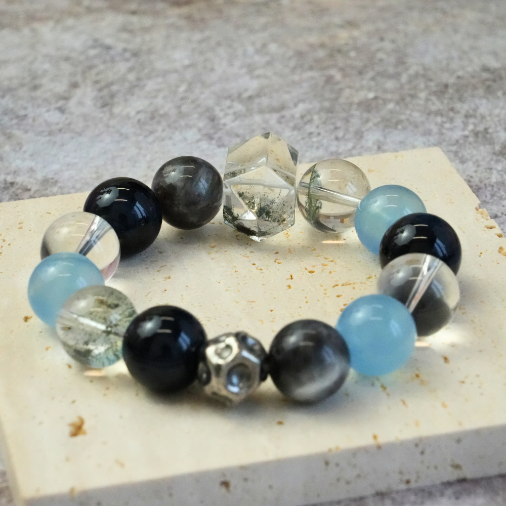 Black Obsidian Aquamarine Clear Quartz Energy Protection Calming Balance Bracelet