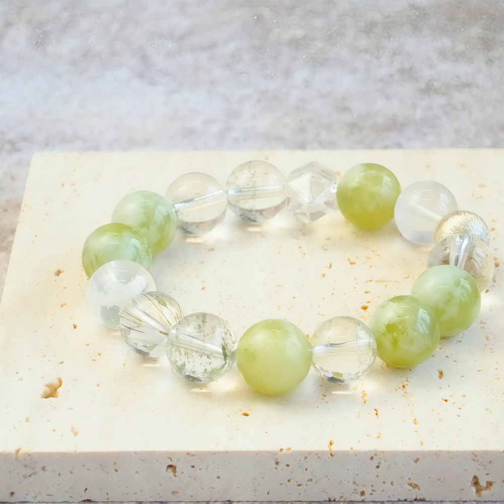 Green Jade Moss Agate Clear Quartz Harmony Healing Balance Prosperity Bracelet