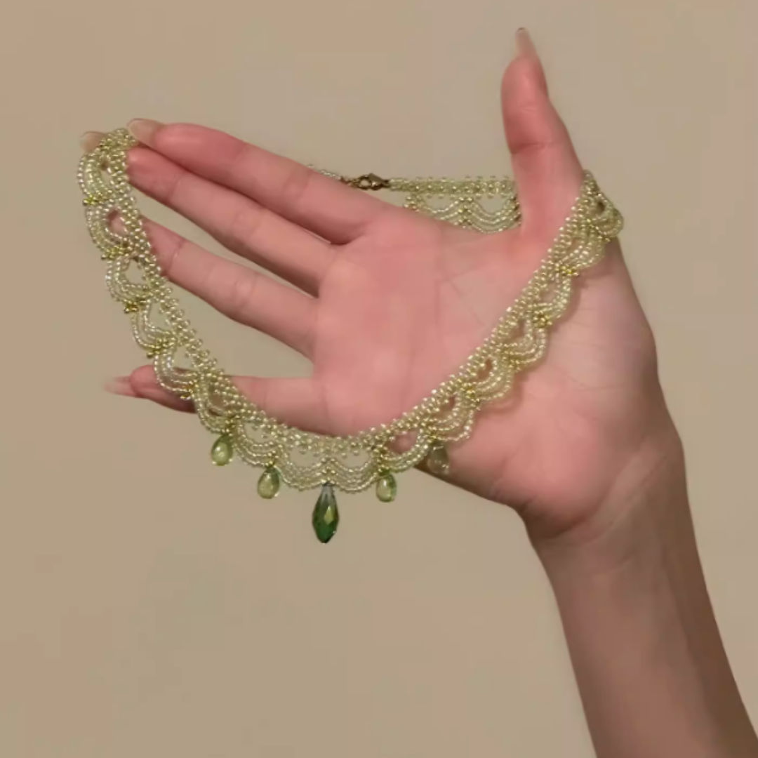 Handwoven Green Lace Beaded Choker Boho Statement Necklace