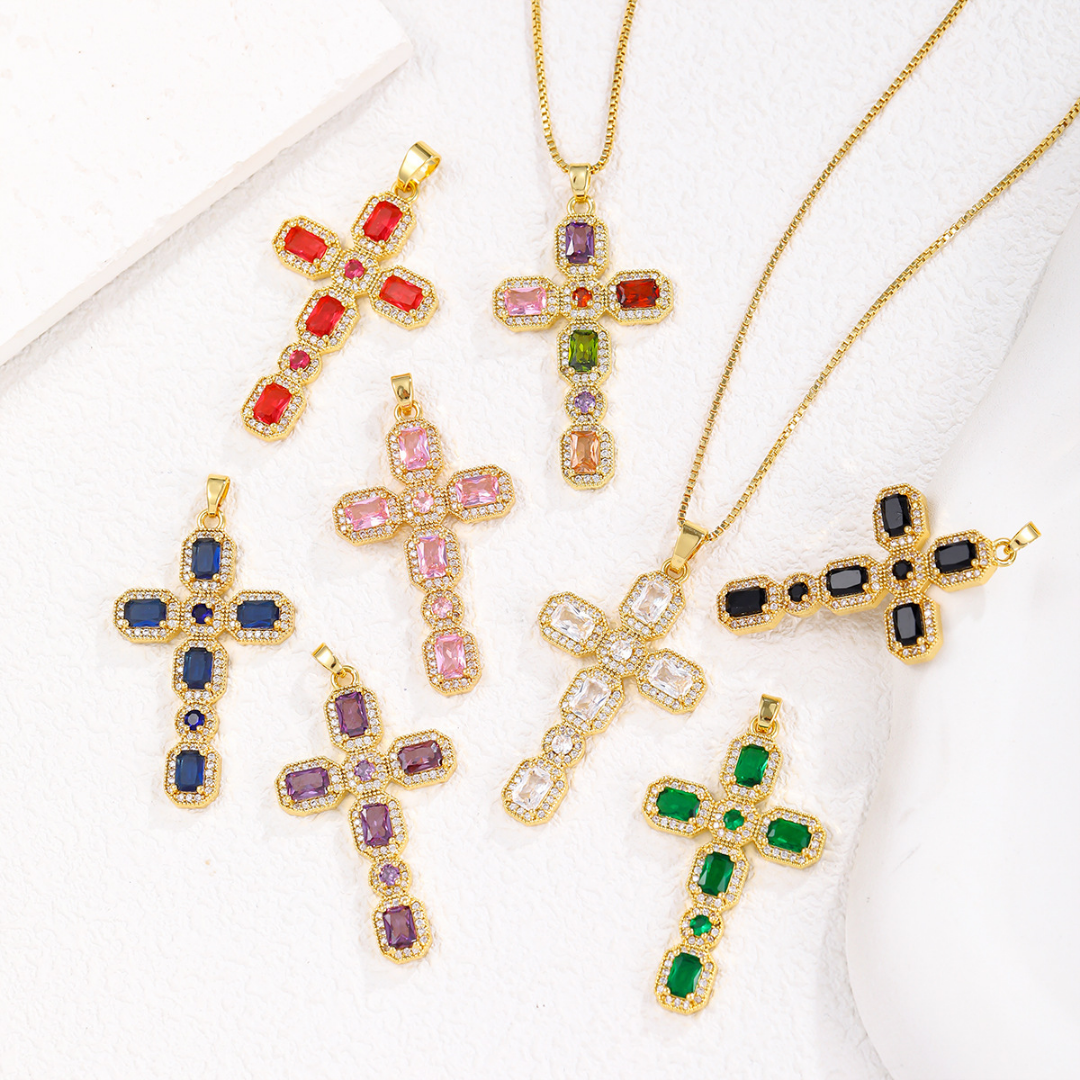 Micro Pave Multicolor Zirconia Cross Pendant Necklace