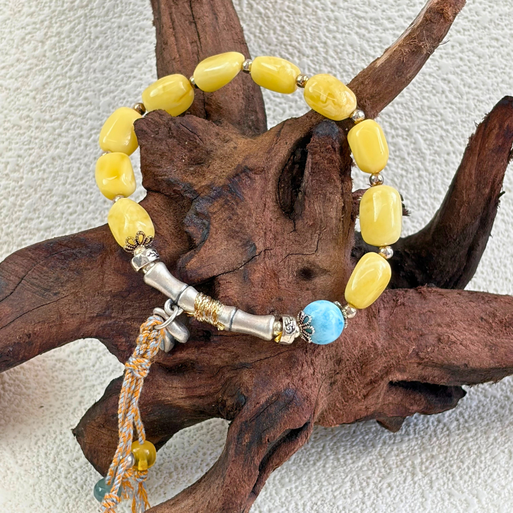 Honey Amber Larimar Silver Radiance Harmony Bracelet